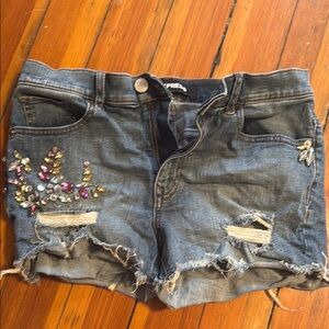 Express Blue Jean Shorts with Distressing and Embroidery